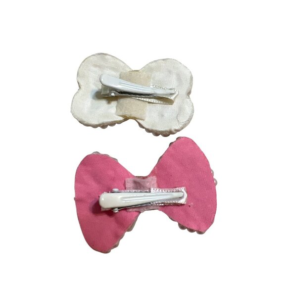 Set Of 2 Faux Pearl Rhinestone Bow Hair Clips Barrettes Girls Dogs Felt Back - Picture 4 of 4